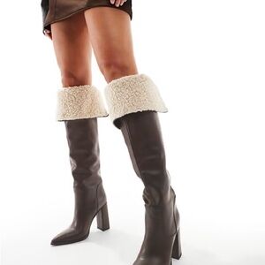 Women's Brown Heeled Boots with Cream Cuff